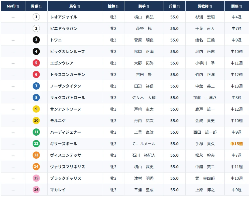 My印を設定できる出馬表の実際の画面